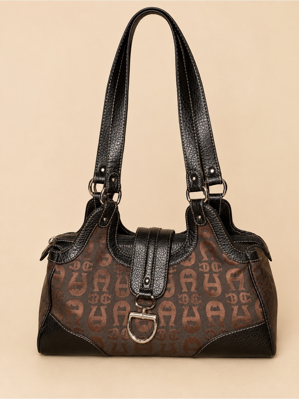 Etienne Aigner Burgundy Monogram and Black Leather Shoulder Bag